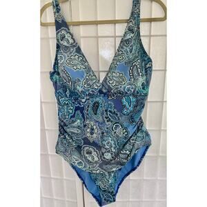 Lauren Ralph Lauren Blue Paisley Print Ruched One Piece Swimsuit Size 16